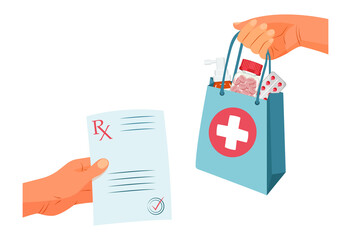 Hand passes pharmacy package with medicines according to prescription form of doctor Rx. - obrazy, fototapety, plakaty