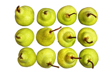12 green pears with water drops isolated on white background. View from above.