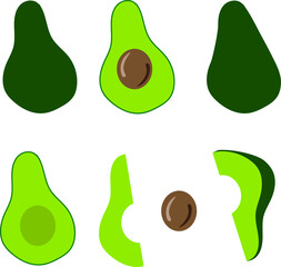 Vector avocado set. Half of the fruit with a stone and slices. Green vegetable illustration on isolated background.	