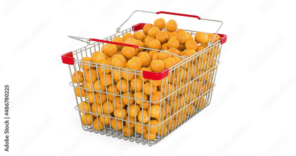 Poster shopping basket with cherry plum rotating, 3d animation. 3d rendering isolated on white background