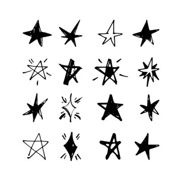 Doodle star set. Hand drawn stars and sparkles symbols. Vector.