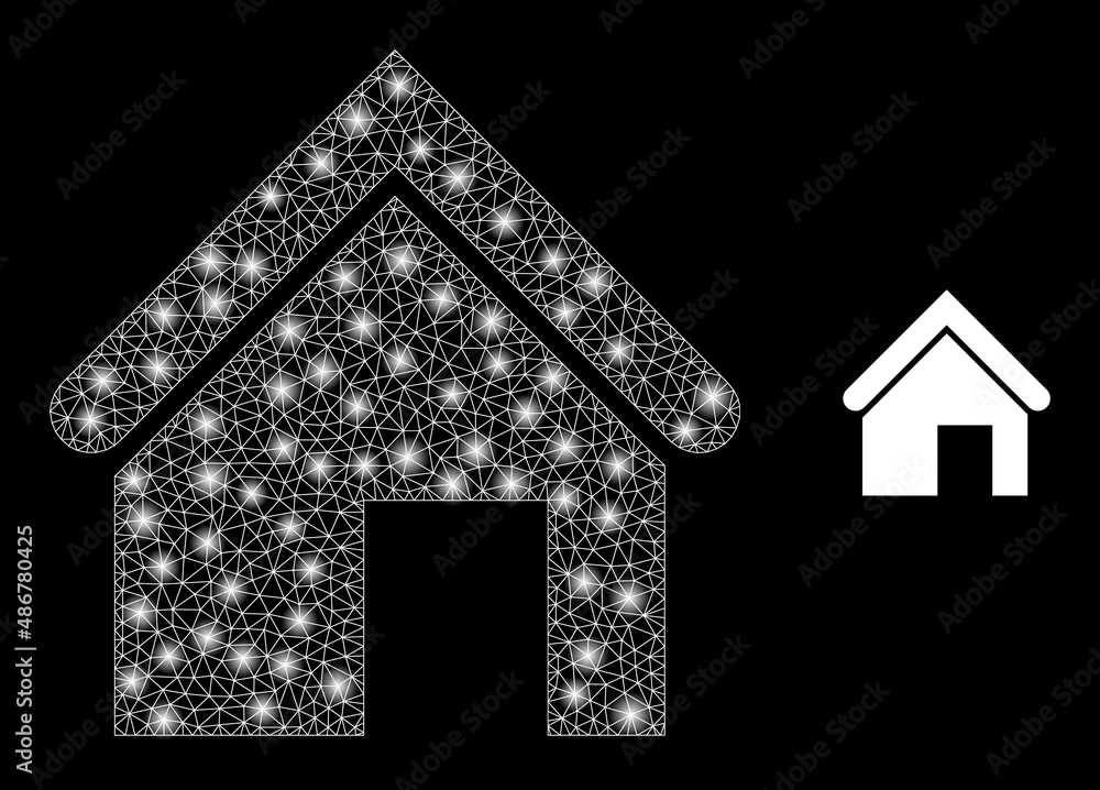 Poster home icon and glare net home model with illuminated light spots. illuminated model generated using h