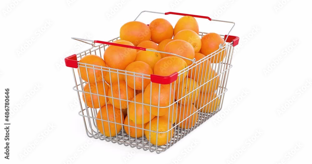 Poster shopping basket with oranges rotating, 3d animation. 3d rendering isolated on white background