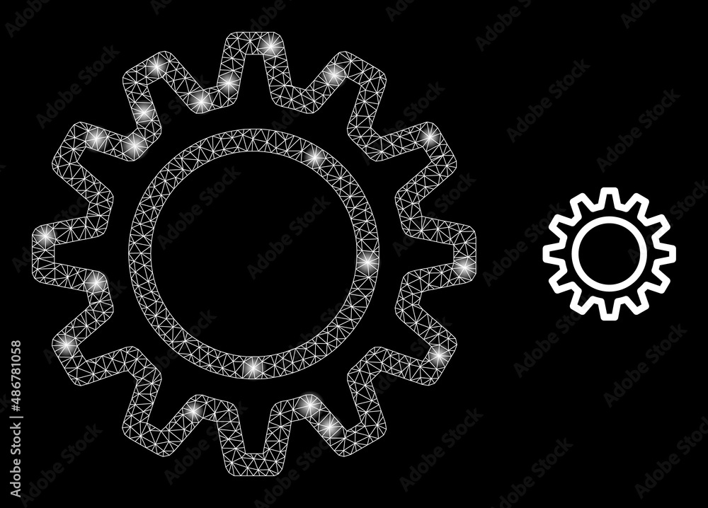 Poster contour gear icon and glare mesh net contour gear model with sparkle spots. illuminated model done f
