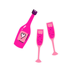 Hand drawn flat style pink bottle of champagne and two glasses for couple . Illustrations for St. Valentines day