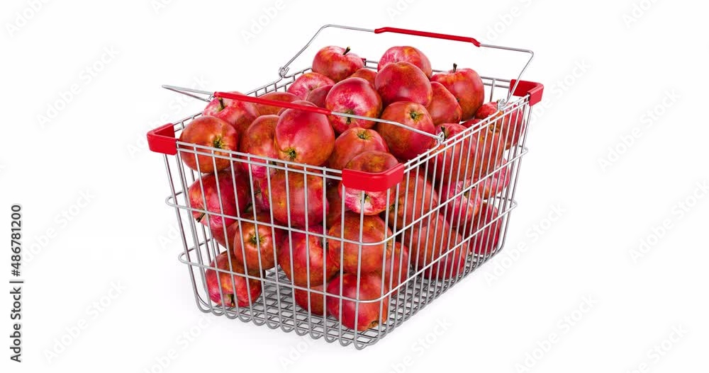 Poster shopping basket with red apples rotating, 3d animation. 3d rendering isolated on white background