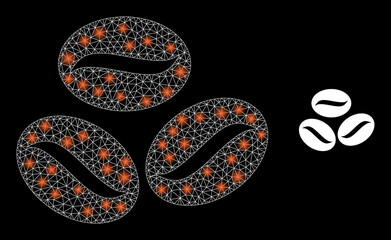 Coffee grains icon and shiny mesh coffee grains structure with illuminated light spots. Illuminated constellation is generated from coffee grains vector icon and triangle mesh.