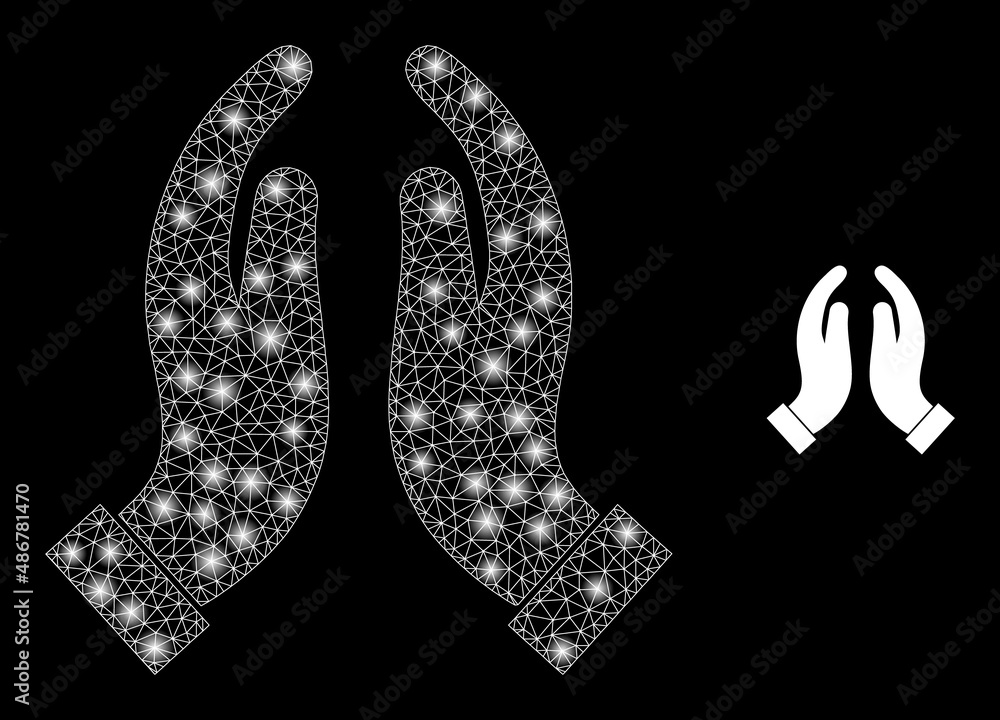 Poster praying hands icon and glare mesh net praying hands model with bright spots. illuminated model is cr