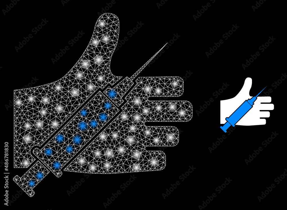 Poster vaccine offer hand icon and glowing mesh vaccine offer hand model with glitter spots. illuminated mo