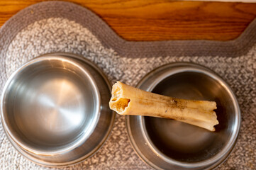 Overhead view of a dog chew bone in metal bowl.