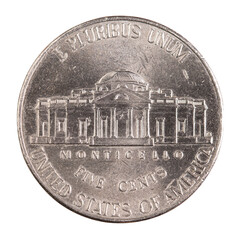 Five cent coin. Money United States of America. Monticello house. American cash. Financial marketplaces. US Bank. Metallic silver circle coin. High quality macro photo. Isolated white background. 