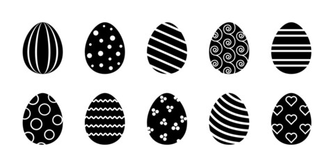 Vector Easter eggs glyph collection. Set of black rubber stapms with decorated eggs.
