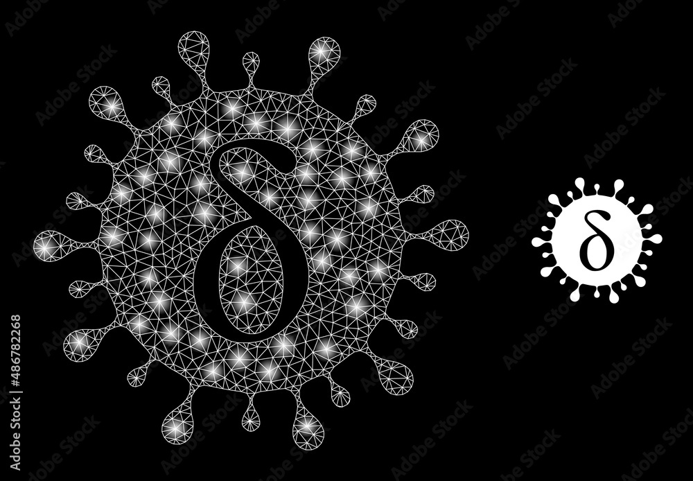 Poster delta covid virus icon and bright mesh delta covid virus structure with magic spots. illuminated mod