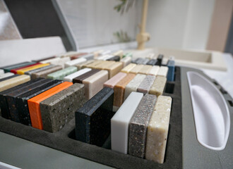 Sample of artificial acrylic stone for kitchen countertops and other furniture. Stone texture for...