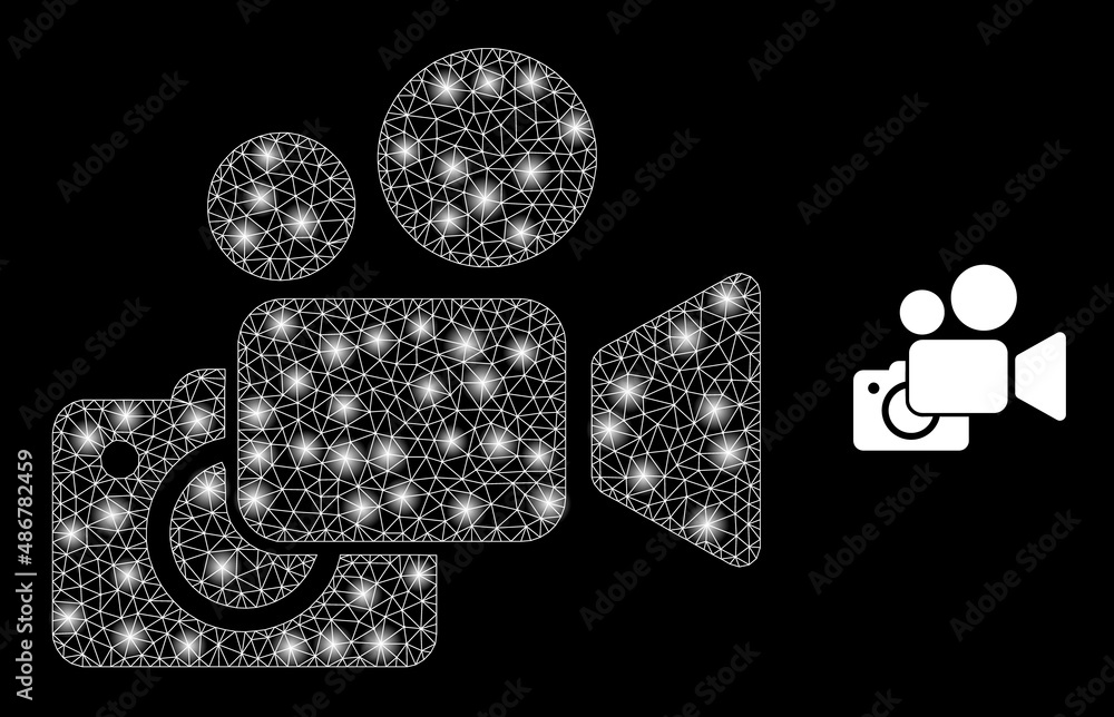 Poster photo and video cameras icon and bright mesh net photo and video cameras model with glossy spots. il