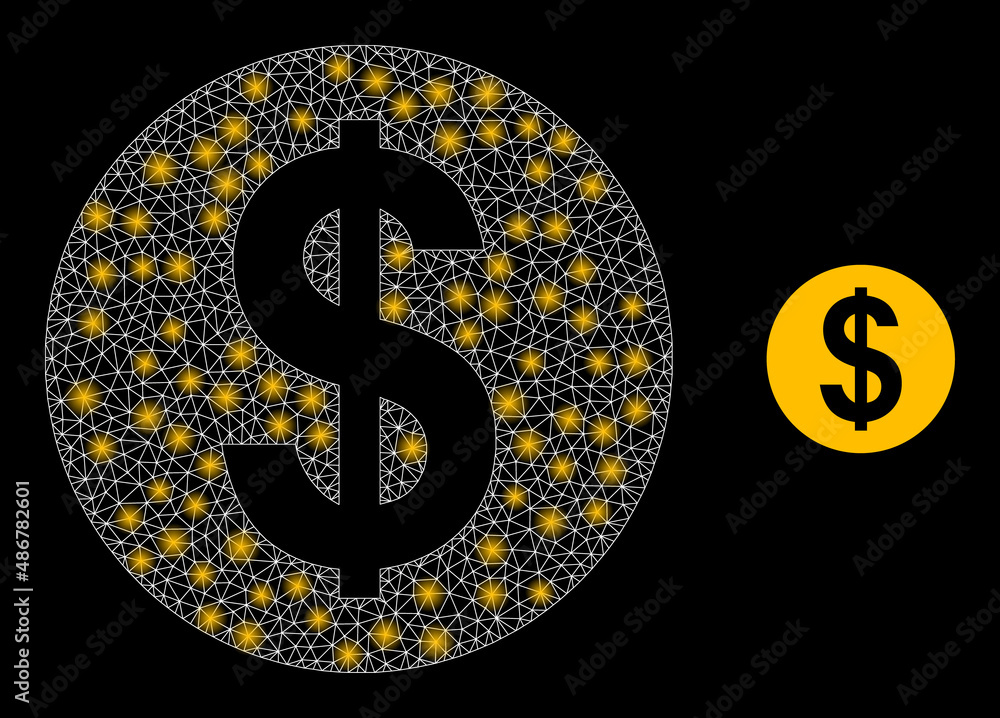 Poster dollar coin icon and constellation mesh dollar coin model with glowing light spots. illuminated mode