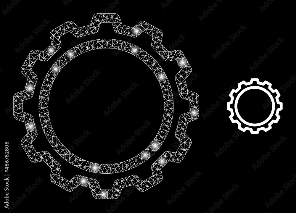 Poster contour gear icon and constellation net mesh contour gear structure with bright light spots. illumin