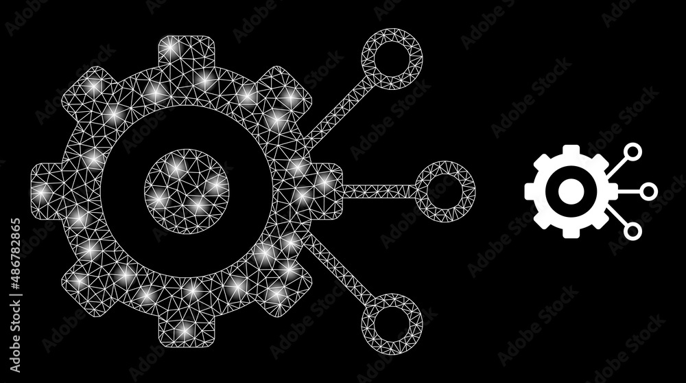 Poster gear connections icon and constellation mesh gear connections structure with flare light spots. illu