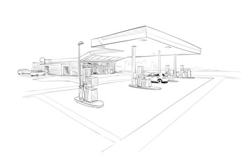 Gas station hand drawn sketch. Vector illustration. Template for design project.  - 486782803