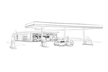 Gas station hand drawn sketch. Vector illustration. Template for design project. 