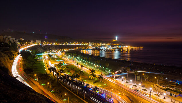 Panoramic view of Aguadulce beach in the blue time Chorrillos, Lima, Peru.