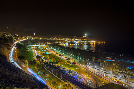Panoramic view of Aguadulce beach in the night, Chorrillos, Lima, Peru.