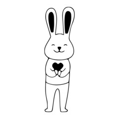 Happy cute rabbit with heart symbol doodle icon. Cute pets vector art on white background.
