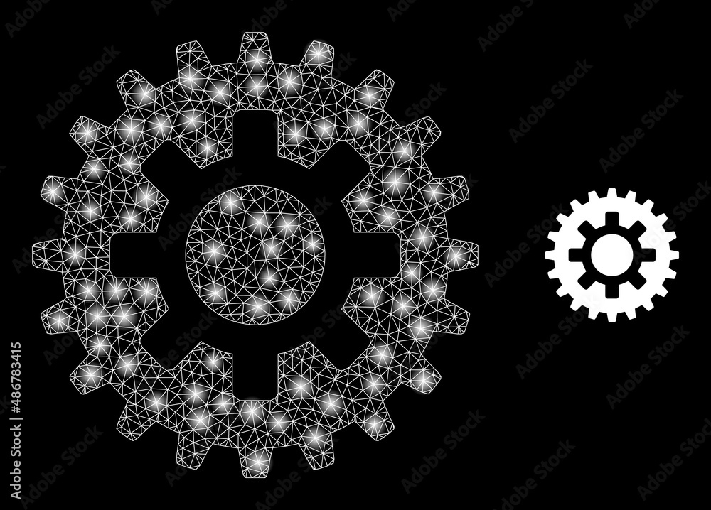 Poster cogwheel icon and shiny mesh net cogwheel model with flare light spots. illuminated model created fr