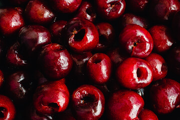 Freshly Pitted Cherries in a Small Bowl: Overhead view of a bowl of pitted cherries