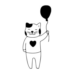 Cute cat holds a balloon doodle icon. Cute pets vector art on white background.