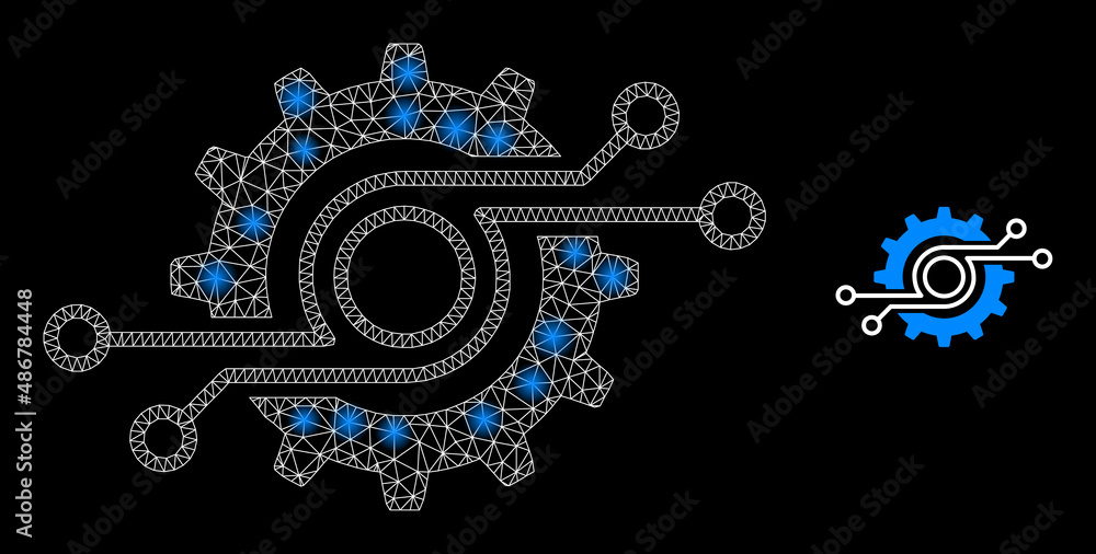 Poster gear chip icon and glowing mesh gear chip structure with flare light spots. illuminated model done u