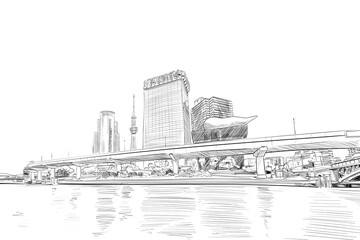 Tokyo, Japan. Hand drawn sketch.  Vector illustration.