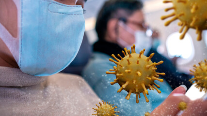 Omicron variant floating over woman passenger wearing surgical mask at plane.