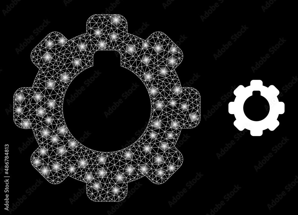 Poster cogwheel icon and constellation mesh net cogwheel model with glowing spots. illuminated model done f