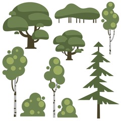 Fototapeta premium Vector collection of illustrations of trees and bushes. A set of isolated objects on a white background. Flat style