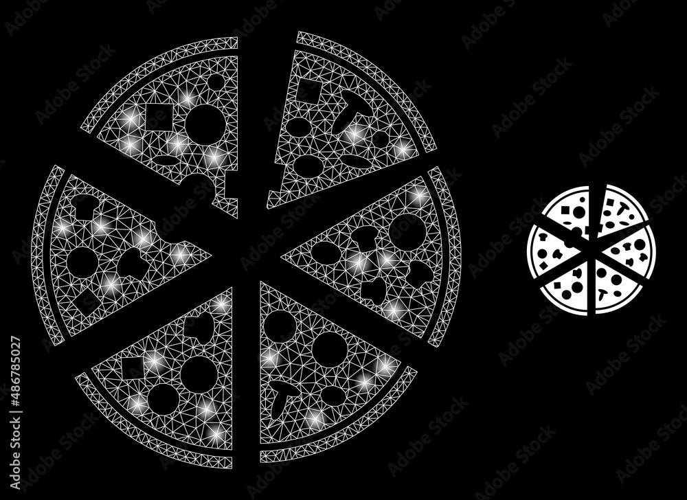 Poster pizza pieces icon and constellation mesh net pizza pieces model with sparkle spots. illuminated mode