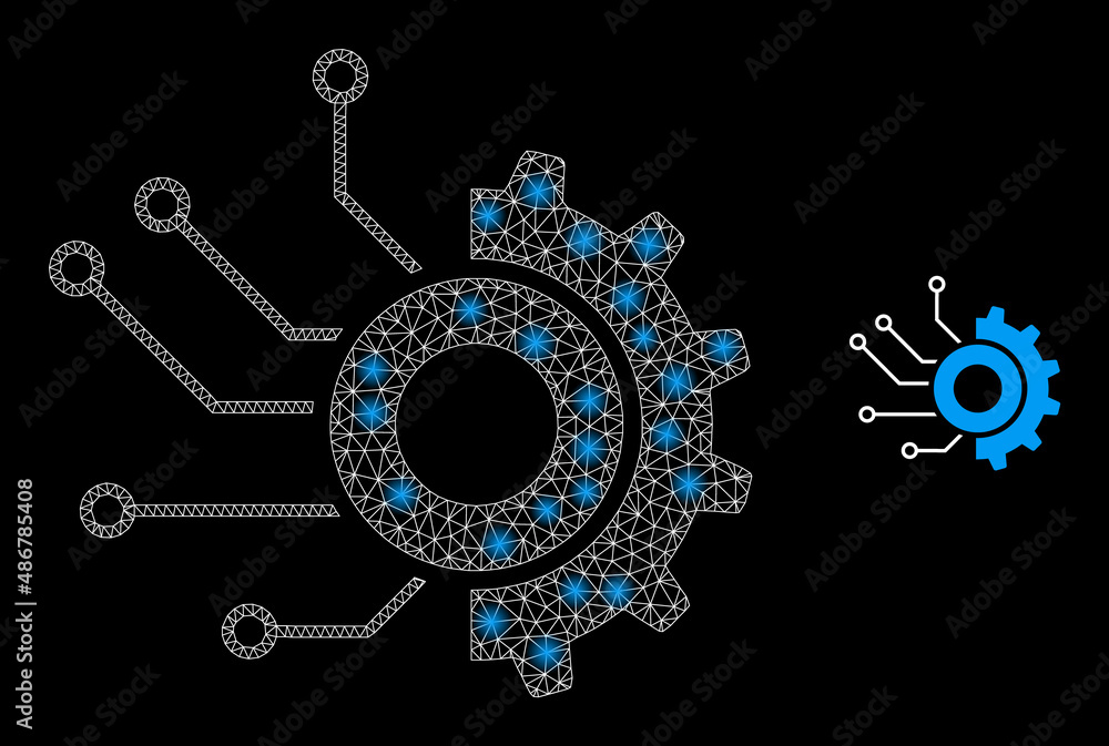 Poster gear electronic factory icon and constellation mesh gear electronic factory model with illuminated s