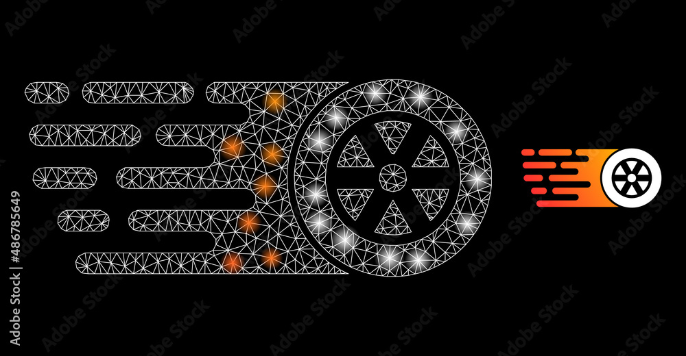 Poster rush wheel icon and glare net mesh rush wheel model with glowing light spots. illuminated model gene