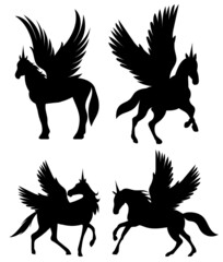 pegasus set black silhouette, isolated vector