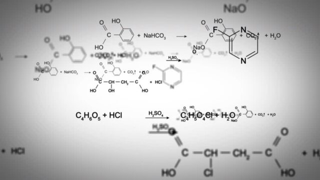 Animation of moving abstract chemical formulas consisting of benzene rings, hexagons at white background. Medical and Science concepts. Seamless loopable background.