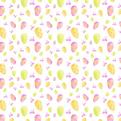 Watercolor seamless pattern Easter eggs, pink bow