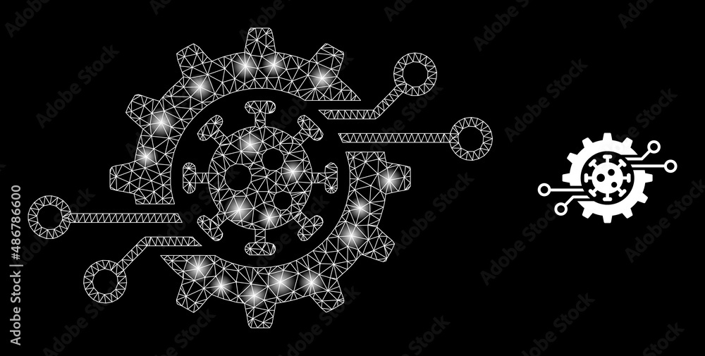 Poster virus electronics gear icon and shiny mesh net virus electronics gear model with glossy spots. illum