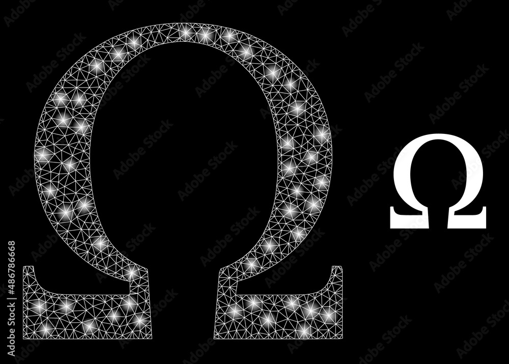 Poster omega greek letter icon and constellation mesh net omega greek letter model with illuminated light s