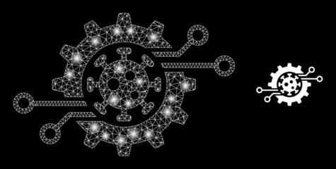 Virus electronics gear icon and shiny mesh net virus electronics gear model with glossy spots. Illuminated model done from virus electronics gear vector icon and triangulated mesh.