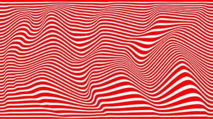 Abstract optical illusion wave. Red and white lines with distortion effect. Vector geometric stripes pattern.