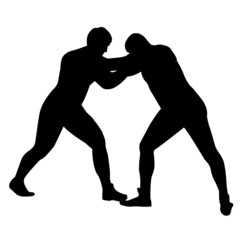 Outline silhouette of a wrestler athlete in wrestling. Greco Roman, freestyle, classical wrestling. Fighting game. Flat style. Isolated vector illustration.