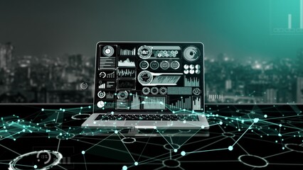 Big Data Technology for Business Finance Analytic conceptual . Modern graphic interface shows massive information of business sale report, profit chart and stock market trends analysis .