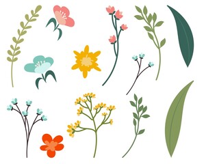 Collection of vector colors to create an individual design. Twigs, flower, flowering trees, leaves. Botanical set for creating templates, postcards, posters, business cards. Delicate spring shades.