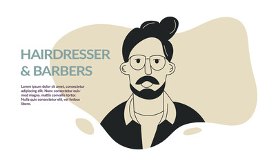Beard face doodle man avatar with mustache and trendy haircut. Barbershop template, barber flyer or card design. Black and white character flat vector illustration. Fashion bearded man face portrait