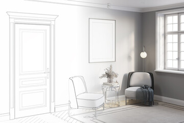A sketch becomes a real room with a blank vertical poster on a gray wall between a window and a door, a vase of flowers on a coffee table between two armchairs, a carpet on the parquet floor.3d render